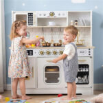 Kids Wooden Play Kitchen with Realistic Lights & Sounds, Pretend Ice Maker & Storage for Toddlers Age 3+ - White - Image 3
