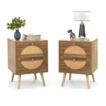 Set of 2 Bohemian 2-Drawer Bedside Table, 54.61×40.64×55.88 cm Natural Pine Wood Legs Nightstand, 88 lbs Capacity for Bedroom Living Room