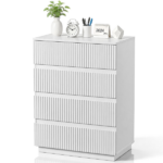 Handleless Grille-Finished 4-Drawer Bedside Table P2 Particleboard + MDF & Melamine Veneer + Thermoformed Drawer Dresser 23.62*14.96*30.71in White - Image 4