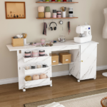 57.5" Foldable Sewing Machine Table with Locking Casters, Multi-Storage Craft Station with Shelves, Bins & Cabinet, Adjustable Sewing Cabinet for Home, Bedroom, and Craft Room(White) - Image 11