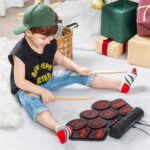 9-Pad Electric Drum Set for Beginners, MIDI USB Connection Dual Stereo Speakers Black+Red - Image 2