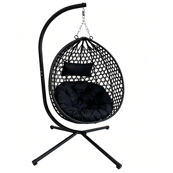 Foldable Hanging Egg Chair with Stand, HDPE Rattan Wicker Swing Chair with Cushion, Heavy Duty Frame 350 Lbs Capacity, Outdoor Patio Indoor Bedroom Balcony, Black+ Black