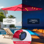 10 ft Patio Umbrella for Table, Outdoor Sun Umbrella with 32 LED Solar Lights, Red - Image 6