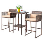 Outdoor 3 Piece Patio Bar Set, Bar Height Bistro Table Set for 2 People, High Top Wicker Bar Stools and Table Outdoor Bar Set with Cushions and Pillows, Brown Gradient Rattan & Beige Cushion - Image 2