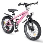 24 Inch Kids Mountain Bike for Boys & Girls Ages 7-12 – 7-Speed Gears, Dual Disc Brakes, Shock Absorber Front Fork, LED Light – Silver & Pink -Does not support self pick up