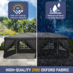 10'x20' Instant Pop Up Canopy Tent Black, 6 Panels 2 Doors 4 Mesh Windows, 28/22mm Powder Coated Steel Frame, 10x20mm Crossbar, 210D Oxford Folding Outdoor Tent with Carry Bag No Sandbags - Image 6