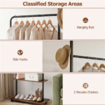 Industrial Rolling Clothing Rack with 2 Wooden Shelves & Hooks, Freestanding Garment Rack for Bedroom Entryway - Image 6