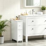 White Slim Bathroom Cabinet Freestanding Storage with Toilet Paper Holder 2 Drawers Side Towel Rack Wheels 7x20.5x24.75 Inches - Image 7