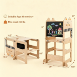 3-in-1 Convertible Toddler Learning Tower Step Stool with Chalkboard, Poplar Wood Flip Design Weaning Table Stool Set Anti-Tip Safety Guardrail 110 LBS Load for Kids 18+ Months Cat Pattern - Image 7