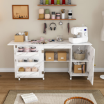 57.5" Foldable Sewing Machine Table with Locking Casters, Multi-Storage Craft Station with Shelves, Bins & Cabinet, Adjustable Sewing Cabinet for Home, Bedroom, and Craft Room(White) - Image 13