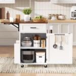 39.3" Farmhouse Kitchen Island with Drop Leaf, Kitchen Storage Island with Open Side Rack, One Drawer, Towel Rack, Rolling Kitchen Cart with Lockable Wheels for Lawn Garden, White - Image 3