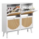 2 rows of 4 dump buckets with high-leg arched rattan shoe cabinet, particle board + plastic rattan, 105*24*98cm, white frame + original wood rattan surface + white high legs - Image 3