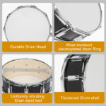 14 x 5.5in Snare Drum Set with Drumstick Holder, Snare Drum Bag, Strap, Mute Pad & Drum Stick for Beginner Student Black - Image 2
