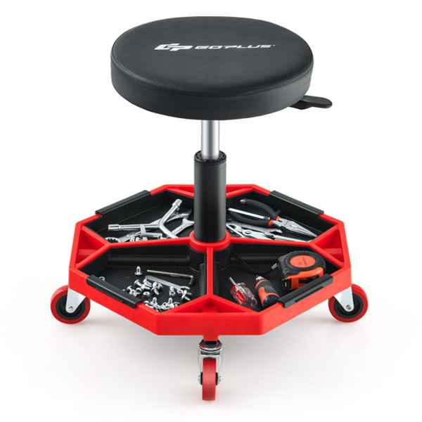Red Heavy-Duty Adjustable Height Rolling Stool With Tool Tray Storage 330 LBS Capacity