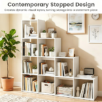 White Stepped 10-Cube Open Bookshelf 4-Tier Engineered Wood Storage Display Rack with Anti-Tipping Kits, Freestanding Book Organizer for Living Room Bedroom Hallway Office - Image 8