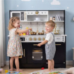 Kids Wooden Play Kitchen with Realistic Lights & Sounds, Pretend Ice Maker & Storage for Toddlers Age 3+ - Black - Image 6