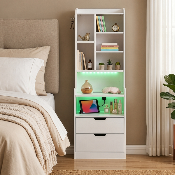 c6fcb80a-b417-40c9-9329-e90759cd6274.png 2 Drawers + 1 Shelf + 6-Shelf BedsideTable US Standard Power Supply (1 USB + 1 Type-C + 2 Triple-Prong) Storage Locker P2-12MM Particleboard Laminated Storage Cabinet 17.32*13.78*50in White - Image 1