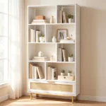 White Rattan Drawer Bookcase with 8 Open Cubbies, Freestanding Engineered Wood Storage Display Shelf with Anti-Toppling Device for Living Room Bedroom - Image 8