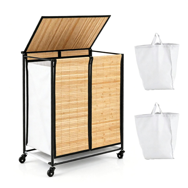 Compact Rolling Bamboo Laundry Hamper with Lid, 2 Sorting Compartments Removable Oxford Liner Bags 360° Lockable Wheels Metal Frame Under Counter Clothes Sorter - Natural Black