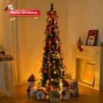 6 FT Fully Decorated Pre-lit Christmas Tree, Pop Up Artificial Xmas Tree with 150 Warm Lights Battery Operated and Red & Golden Ornaments for Home Office Store Holiday Deco - Image 9