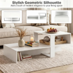 2-Tier Modern Geometric Coffee Table Engineered Wood Low Center Table with Storage Shelf, Waterproof Surface Cross Base Accent Table for Living Room Tea Game Work - White - Image 6