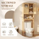 2-Door 3-Tier Toilet Cabinet Particleboard Melamine-Faced Bathroom Vanity Bathroom Cabinet with Rattan Surface 23.62*8.66*66.93in Natural Wood - Image 12