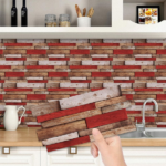 12-Piece Set of Retro Red Shaped Wood-Grain Self-Adhesive Wallpaper (PVC, Waterproof, Oil-Resistant, Removable Without Leaving Residue) – Country Style for Kitchen and Bathroom; Can Be Cut to Size for Wall Decoration