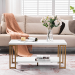 Same Code 35647920 (106 x 50 x 48cm) Simple Double-layer Golden Iron Pipe Marble PVC Coffee Table Rectangular - Image 28