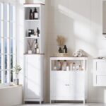 Modern Storage Cabinet with Double Doors, Free-Standing Bathroom Cabinet with Adjustable Shelf and Natural Wood Top, Multi-Purpose Organizer for Kitchen, Living Room, Bathroom or Entryway – White - Image 21