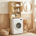2-Door 3-Tier Toilet Cabinet Particleboard Melamine-Faced Bathroom Vanity Bathroom Cabinet with Rattan Surface 23.62*8.66*66.93in Natural Wood - Image 20