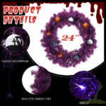 24in Pre-lit Halloween-Themed Christmas Wreath, Lighted Artificial Xmas Wreath with 50 Purple & Orange Lights and 100 PVC Tips and DIY Ball Ornaments, for Front Door Gate Wall Xmas Party Decorations - Image 9