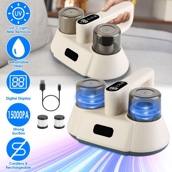c8c274c4-d36f-41f5-80c2-13946bb17397.png 72000 Times/Min Tapping Mattress Vacuum Cleaner with UV-C Sanitizing Light, 9000PA & 15000PA Dual Suction Cordless Dust Mite Remover with Double Dust Cup - Image 1