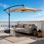 10FT Round Banana Hanging Patio Umbrella with 18 LED Lights, 6 Iron Ribs, Iron Straight & Curved Pole, Waterproof Polyester Canopy, with Stand Sleeve and Cross Base, Khaki - Image 32