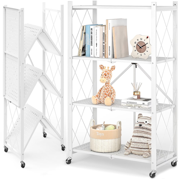 c8e5c3b3-58f2-4478-a3d6-3cae2b801aa6.png 4-Tier Folding Storage Shelves with Wheels, Foldable Metal Rack, Collapsible Shelves for Garage, Kitchen, Basement, White - Image 1