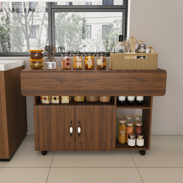c8f2535b-5c47-4252-a65a-43a86019de1a.png Multi-Functional Folding Table with Storage Shelves and Wheels, 47 Inch Foldable Dining Table for Small Spaces, Compact Desk for Kitchen, Dorm, Office (Walnut) - Image 1