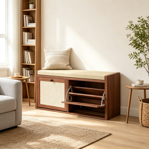 Brown Entryway Shoe Storage Bench – Padded Seat with 2 Rattan Doors for Hidden Shoe Storage