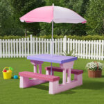 Kids Outdoor Table and Chair Sets with Removable Umbrella, Kids Picnic Table for Backyard Garden Patio, Pink & Purple - Image 5
