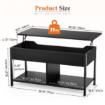 Lift Top Coffee Table with Storage 39" Center Table with Hidden Compartment & 2 Shelves Farmhouse, Wood Coffee Table for Living Room with Sturdy Lift-Top Adjustable Feet Black (Shipment from Walmart) - Image 2