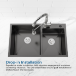 Stainless Steel Kitchen Sink, 32″x19″ Double Bowl in Black, Overmount Handmade Sink, with US Standard Drain and Hook[Unable ship on weekends, TK/TEMU only for pickup, only TX10643 warehouse supports GOFO] - Image 7