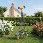 6.2ft Dark Blue 4-Blade Iron Windmill with 4-Leg Stand and Storage Shelf - Image 9