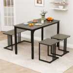 4-Piece Dining Table Set with Bench & 2 Stools, Space-Saving Nested Design, Oak - Image 2