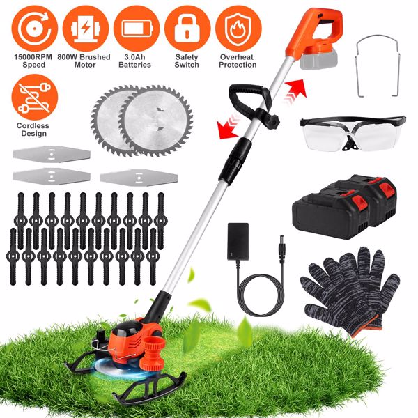 Cordless Wheeled Grass Trimmer - 800W Pure Copper Motor (15000RPM), 2x21V 3000mAh Batteries , 3 Blades (Plastic/Saw/Stainless Steel) & Height-Adjustable Wheels