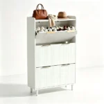 (Do Not Sale on Amazon) 3-Drawer Shoe Cabinet with Top Grille Panel MDF Door Panels with Thermoforming + Champagne Gold Door Seams and Handles + Conical White Solid Wood Legs for the Shoe Cabinet 31.61*9.45*52.95in White - Image 3