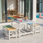 5-piece children's patio table and chair set (1 table + 4 stools), 29.5 inches, blue-khaki, light orange, blue-green color blocking, made of poplar wood