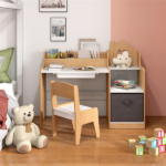 Kids Table and Chair Set with Storage Drawers House-Shaped Study Desk for Playroom Bedroom- Natural - Image 6
