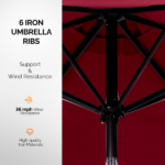 9ft Solar LED Patio Umbrella with Push Button Tilt & Crank, 6 Ribs Waterproof Polyester Outdoor Market Table Umbrella for Garden Backyard Pool, Burgundy - Image 3