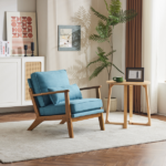 Mid-Century Oak Accent Chair - Linen-Cotton Navy Blue Upholstered Single Lounge Chair, Indoor Armchair with Sturdy Wood Frame (330LBS Weight Capacity) - Image 10