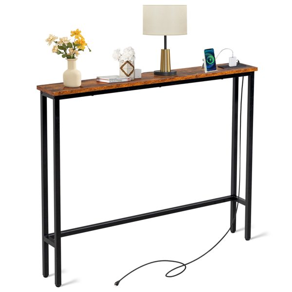 c9f402fb-2aba-48ce-aece-6eb88c9bf405.png Same Code 75403889 39.4" Narrow Console Sofa Table with Power Outlets and USB Ports, Skinny Couch Table with Metal Frame and Charge Station with 4.9ft Extension Cord, Rustic Brown - Image 1