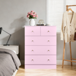 25.98"*15.75"*35.83"(L*W*H) 4-Tier 5-Drawer Cabinet Drawer Dresser with Gold Handles Macaron Pink - Image 3