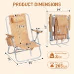 4-Position Adjustable Backpack Beach Chair, Foldable Rustproof Aluminum Frame Lounge Chair with Wooden Armrest, Side Storage Pockets & Detachable Pillow, 24"×22"×37" Outdoor Patio Camping Lawn Chair Holds up to 265 LBS, Orange White Vertical Stripe - Image 8